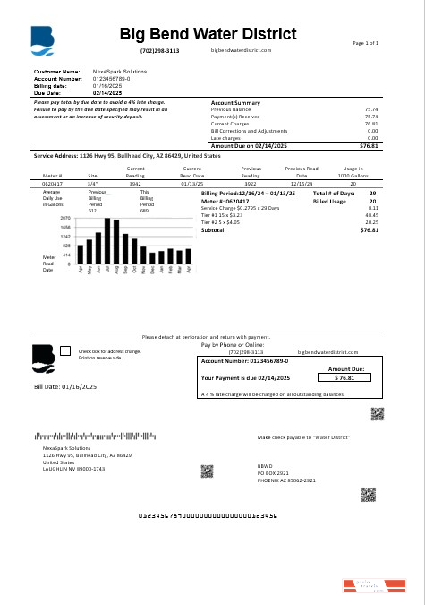USA Nevada Big Bend Water District business utility bill template in Word and PDF formats